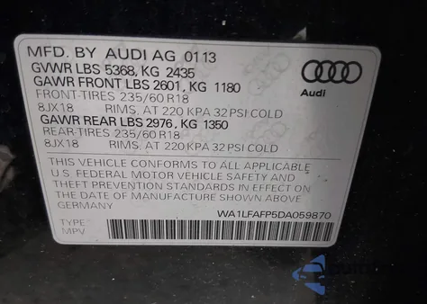 2013 Audi Q5 2.0T Premium z USA, uszkodzony, nr VIN WA1LFAFP5DA059870